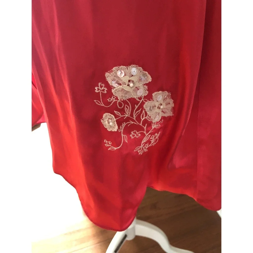 Vtg Secret Treasures Red Shiny Satin Polyester Lace Trim Nightie Sequins Women L - Picture 7 of 14